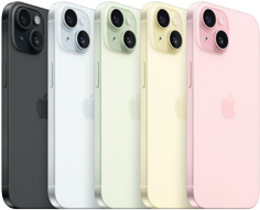 iPhone 15, Rückseite mit fortschrittlichem Kamera‑System und durchgefärbtem Glas in allen Farben: Schwarz, Blau, Grün, Gelb, Pink.