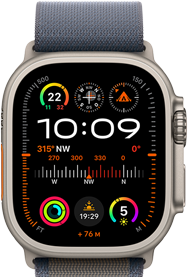 Apple Watch Ultra 2 mit dem Alpine Loop in Blau und einem Zifferblatt mit Komplikationen wie GPS, Temperatur, Kompass, Höhe und Fitness Messwerten